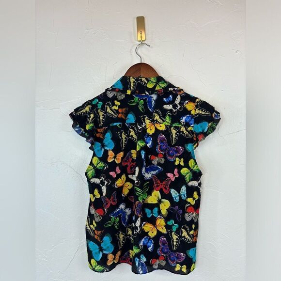 ALICE + OLIVIA Butterfly Print Silk Flutter Sleeve Top Blouse Colorful Rainbow - Picture 8 of 16